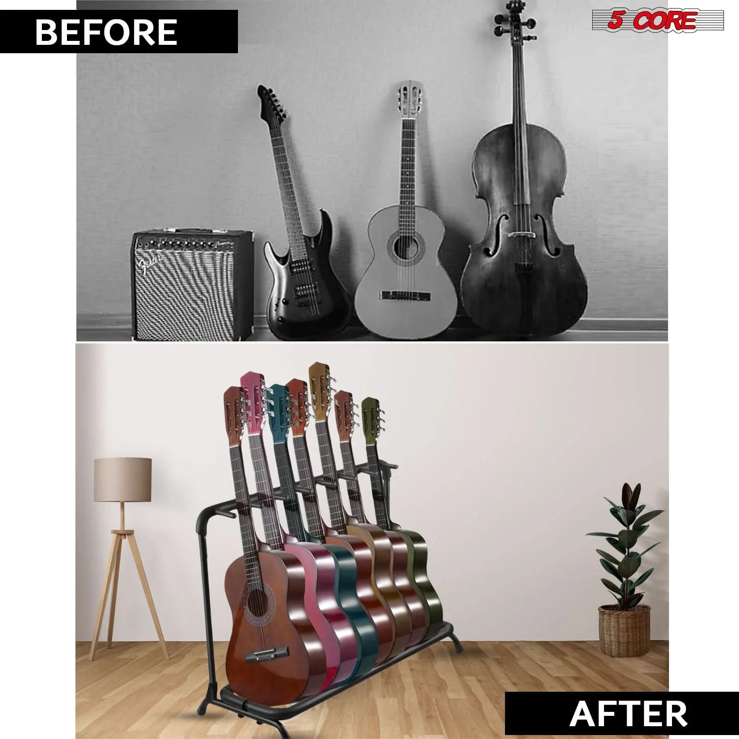 5Core Guitar Rack 7 Slot Multi Guitars Stands Floor Safe Storage for Electric Acoustic Flying V Guitars