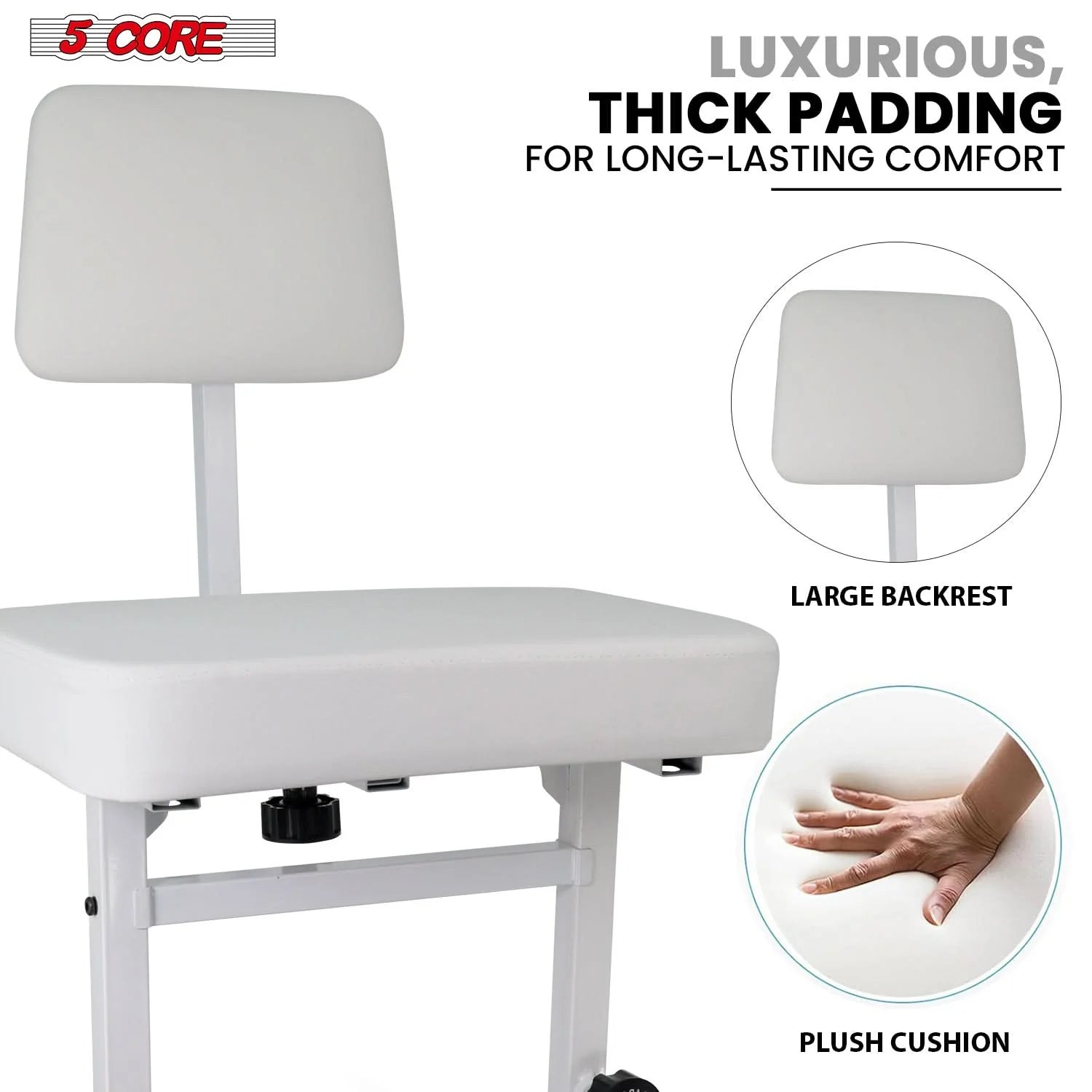 5 CORE Piano Bench Height Adjustable Keyboard Stool Stool Heavy Duty Thick Padded Cushioned Seat with Backrest White